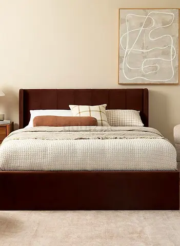 Upholstered Double Bed Frame with Headboard - Brown