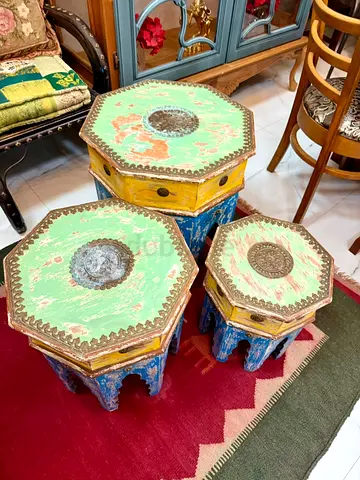Set of 3 Hand-Painted Octagonal Nesting Side Tables - Boho Vintage Style