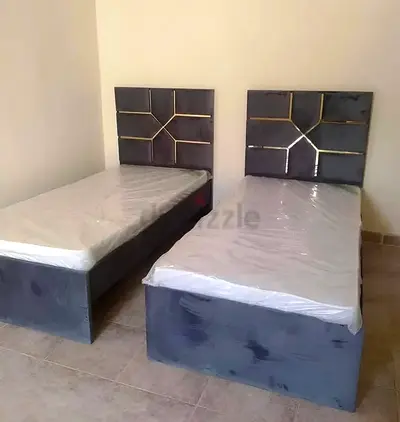 Pair of Single Beds with Upholstered Headboards - Grey