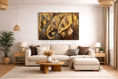 Large Framed Elephant Wall Art - Gold  Brown Canvas Print