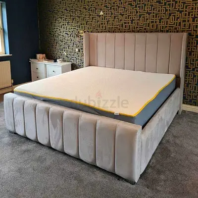 Upholstered Velvet Double Bed Frame with Headboard (Beige)