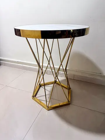 Round Marble-Top Side Table with Gold Geometric Base