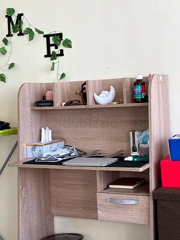 Compact wooden study desk with shelves and drawer - oak finish