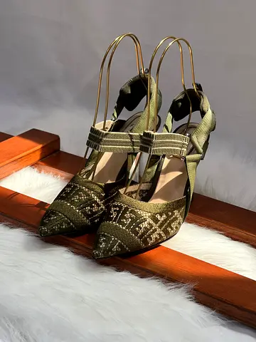 Olive Green Embroidered Pointed Slingback Heels, Size Available. Valentino