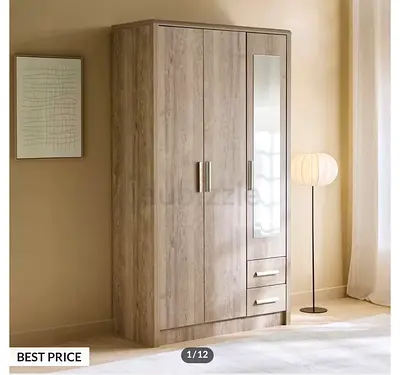 3-Door Wardrobe with Mirror and Drawers - Light Oak Finish