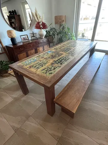 Solid Wood Dining Table with Decorative Tile Inlay + Matching Benches