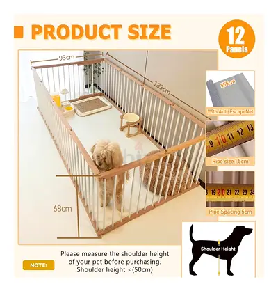 Wooden 12-Panel Adjustable Pet Playpen - 183x93x68cm