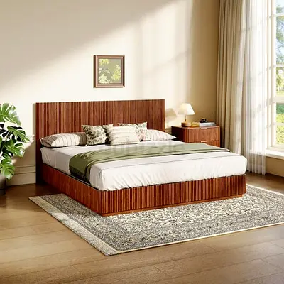 Solid Wood Queen Bed with Slatted Headboard