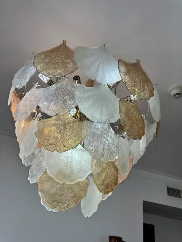 Large Decorative Leaf Chandelier - White  Gold Glass Petals