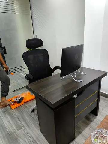 Dark Wood Office Desk with Ergonomic Mesh Chair and Monitor (new)