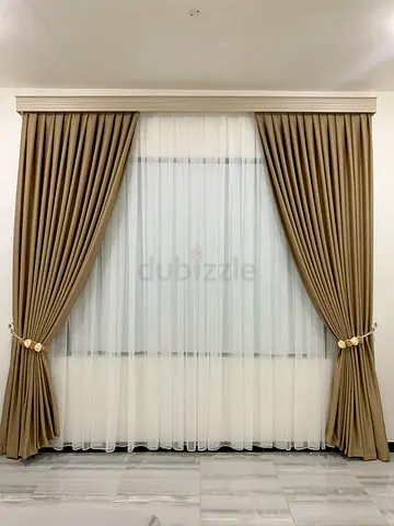 Beige Full-Length Curtains with Sheer White Netting - Ready to Install