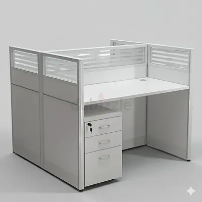 Modern 2-Person White Office Workstation Cubicle with Lockable Pedestal