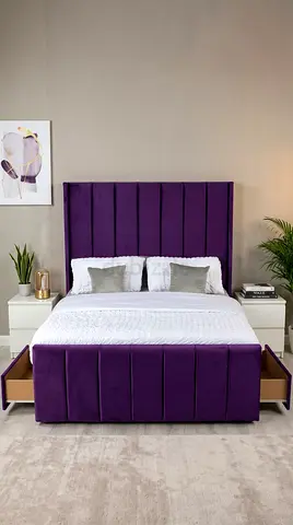 Purple Velvet King Bed with Storage Drawers - Upholstered Headboard