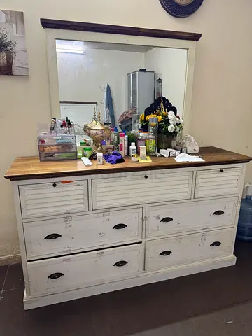 White Wooden Dresser with Large Mirror - Rustic/Retro Style