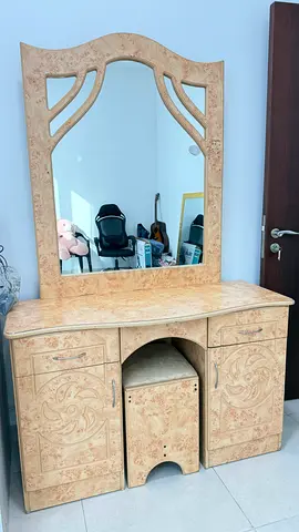 Wooden Dressing Table with Mirror and Stool - Light Burl Finish. L 1.2m, W 45cm and H 64cm