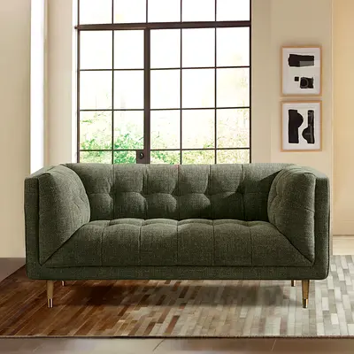 Thick padded moss green fabric 2 seater sofa