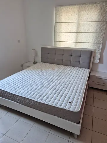 Queen size bed frame with mattress - light grey upholstered headboard