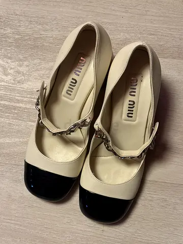Miu Miu Cream Leather Mary Jane with Black Patent Cap Toe - Size 36 1/2