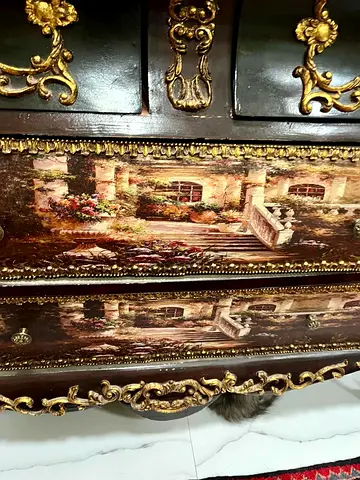 Vintage Ornate Wooden Dresser with Painted Panels