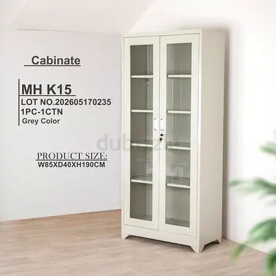 Metal Glass Door Storage Cabinet - Grey, 85x40x190cm