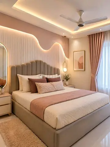 Upholstered double bed with headboard in neutral beige