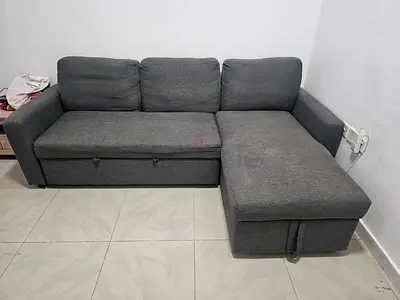 Grey L-shaped Fabric Sofa with Storage - Good Condition