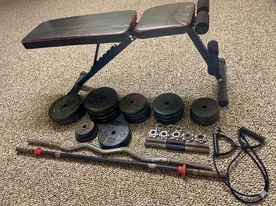 Foldable Adjustable Weight Bench +Weights+Curl bar(1)+Flat bar(1)+Dumbbell Bars(2)+ Resistance band