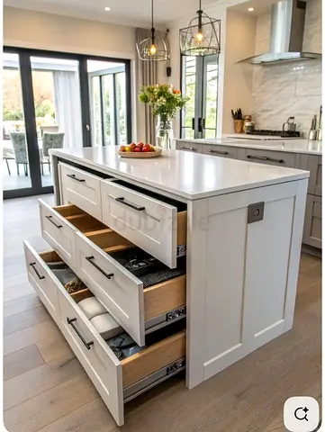 Modern kitchen island with multiple storage drawers — white quartz top