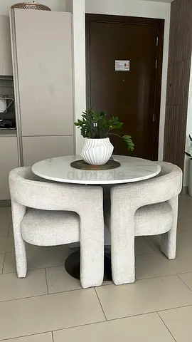Compact natural marble round dining table with 2 upholstered lovley confy dinning  chairs