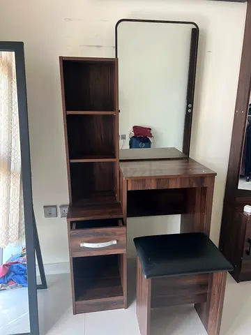 Walnut Dressing Table with Stool and Storage Shelves - Good Condition
