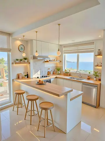 Modern white kitchen with island and sea view — 3 bar stools included