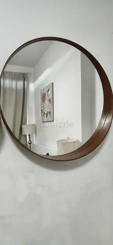 Round Wooden Framed Wall Mirror - 80 cm (Good Condition)