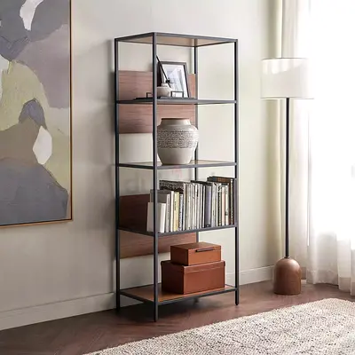 5-Tier Metal Frame Bookcase with Wood Shelves - Modern Open Shelf Unit