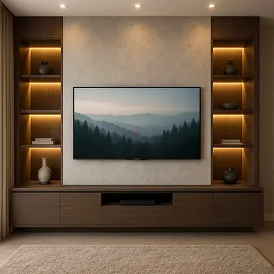Wall mounted tv unit with shelves light warm white