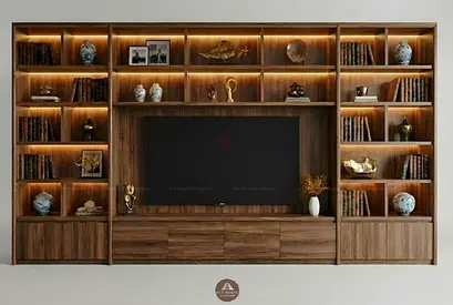 Large Wooden Entertainment Center with Built-in Shelving and LED Lighting