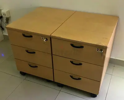 Pair of Low Wooden Mobile Drawer Cabinets with Locks