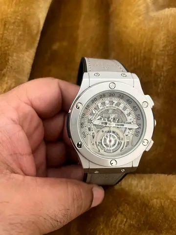 Hublot Mens Silver Mechanical Sport Watch with Skeleton Dial