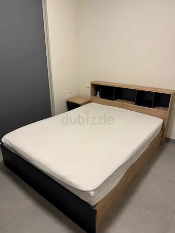 Queen Bed Frame + Mattress + Nightstand – Oak  Black
