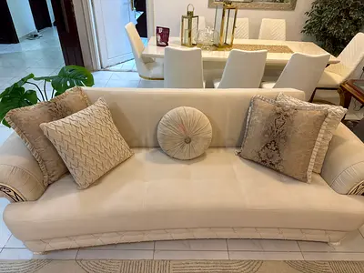 Two Cream 3-Seater Sofa with Decorative Cushions - Good Condition