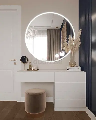White Modern Dressing Table with LED Round Mirror and Velvet Stool