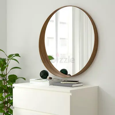 Elegant Round Mirror with Walnut Veneer Wooden Frame