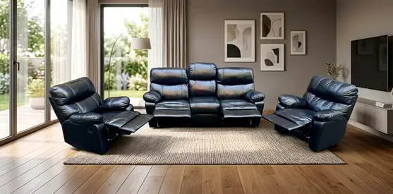 Genuine Leather 3-Seater Reclining Sofa + 2 Recliner Chairs — Dark /Black
