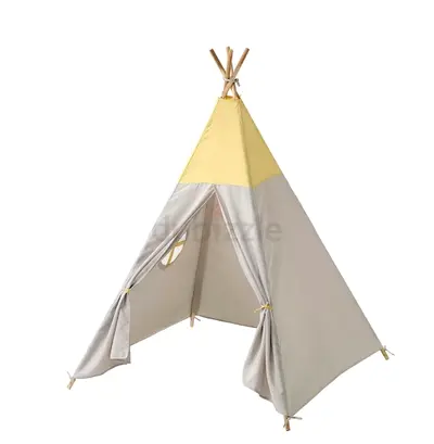 Kids Teepee Play Tent - Beige  Yellow, Wooden Poles