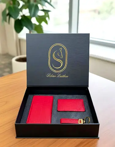 Red Croc-Embossed Leather Wallet, Card Holder  Keychain Gift Set