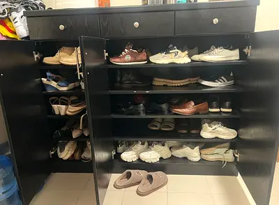 Large Black Shoe Cabinet / Organizer with Multiple Shelves - Holds Many Pairs