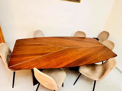 Solid Wood Mid-Century Dining Table with 8 Beige Velvet Chairs – 110 kg – Excellent Condition