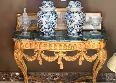 antique french Ornate Gold Console Table with Green Marble Top
