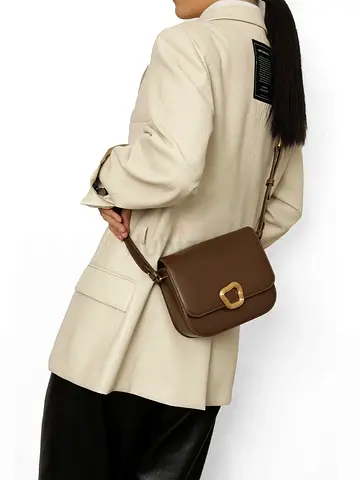Songmont Medium Reset Tofu Bag in Caramel Brown leather crossbody bag with gold buckle - like new