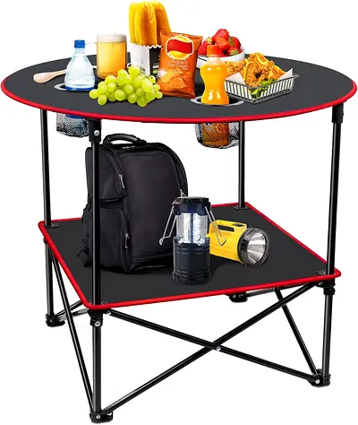 Portable Folding Camping Table with Shelves and Cup Holders