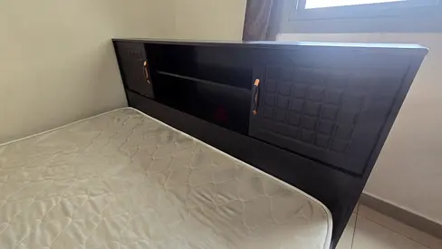 Dark Wood Headboard with Built-in Shelves — Good Condition